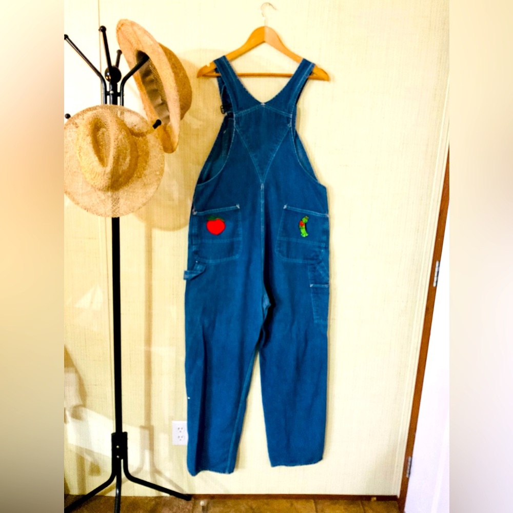 Carhartt Patched Pockets Blue Denim Bibs Overalls Size 40x30 Workwear B15
